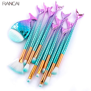 RANCAI 10/11pcs Makeup Brushes New Mermaid Foundation Eyebrow Eyeliner Blush Cosmetic Concealer Fish tail make up brushes Tools