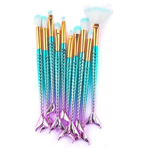 RANCAI 10/11pcs Makeup Brushes New Mermaid Foundation Eyebrow Eyeliner Blush Cosmetic Concealer Fish tail make up brushes Tools
