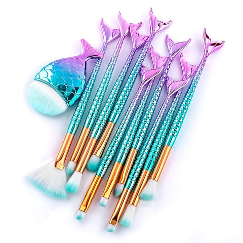 RANCAI 10/11pcs Makeup Brushes New Mermaid Foundation Eyebrow Eyeliner Blush Cosmetic Concealer Fish tail make up brushes Tools