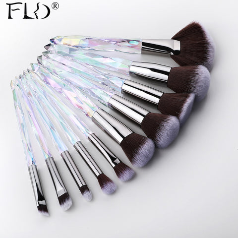 FLD 10Pcs Crystal Makeup Brushes Set Powder Foundation Fan Brush Eye Shadow Eyebrow Professional Blush Makeup Brush Tools