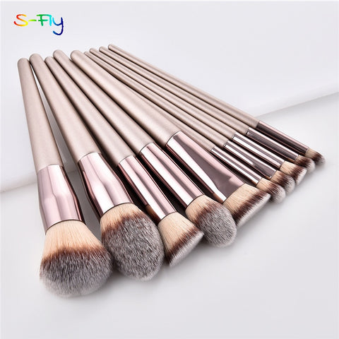 10 pièces/ensemble pinceaux de maquillage Champagne ensemble pour fond de teint cosmétique poudre blush fard à paupières kabuki mélange maquillage brosse outil de beauté