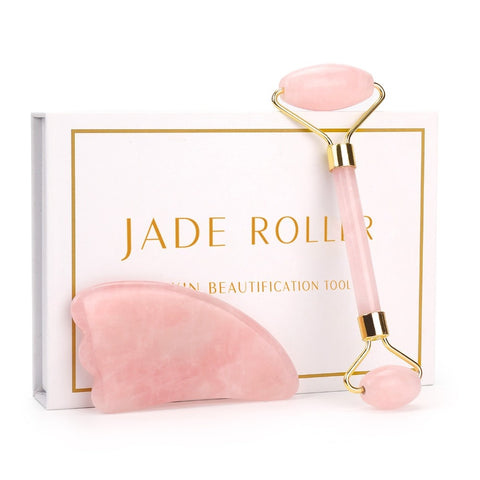 Rosa rolo de quartzo emagrecimento rosto massageador ferramenta levantamento jade natural rolo massagem facial pedra pele massagem cuidados beleza conjunto caixa