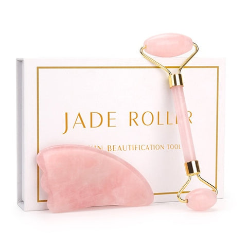 Rosa rolo de quartzo emagrecimento rosto massageador ferramenta levantamento jade natural rolo massagem facial pedra pele massagem cuidados beleza conjunto caixa