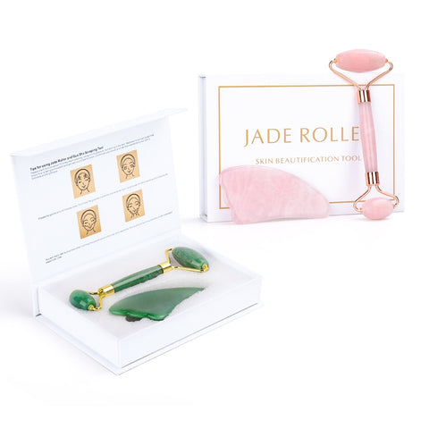 Portable Face Lift Massager Crystal Roller Set Facial Massage Jade Roller Natural Rose Quartz Stone Beauty Roller Tool Girl Gift