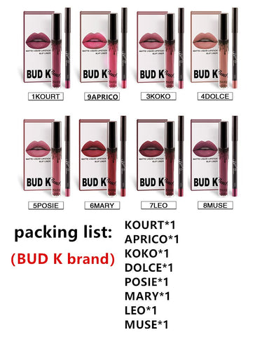 BUD K matte lipstick+lips pencil long-lasting liquid lipsticks set lip goss makeup candy k me lipkit batom 16pcs/lot