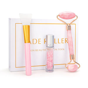 Natural Pink Crystal Jade Roller Double Head Rose Quartz Massage Roller Real Stone Facial Massager Skincare Tools Set with Box